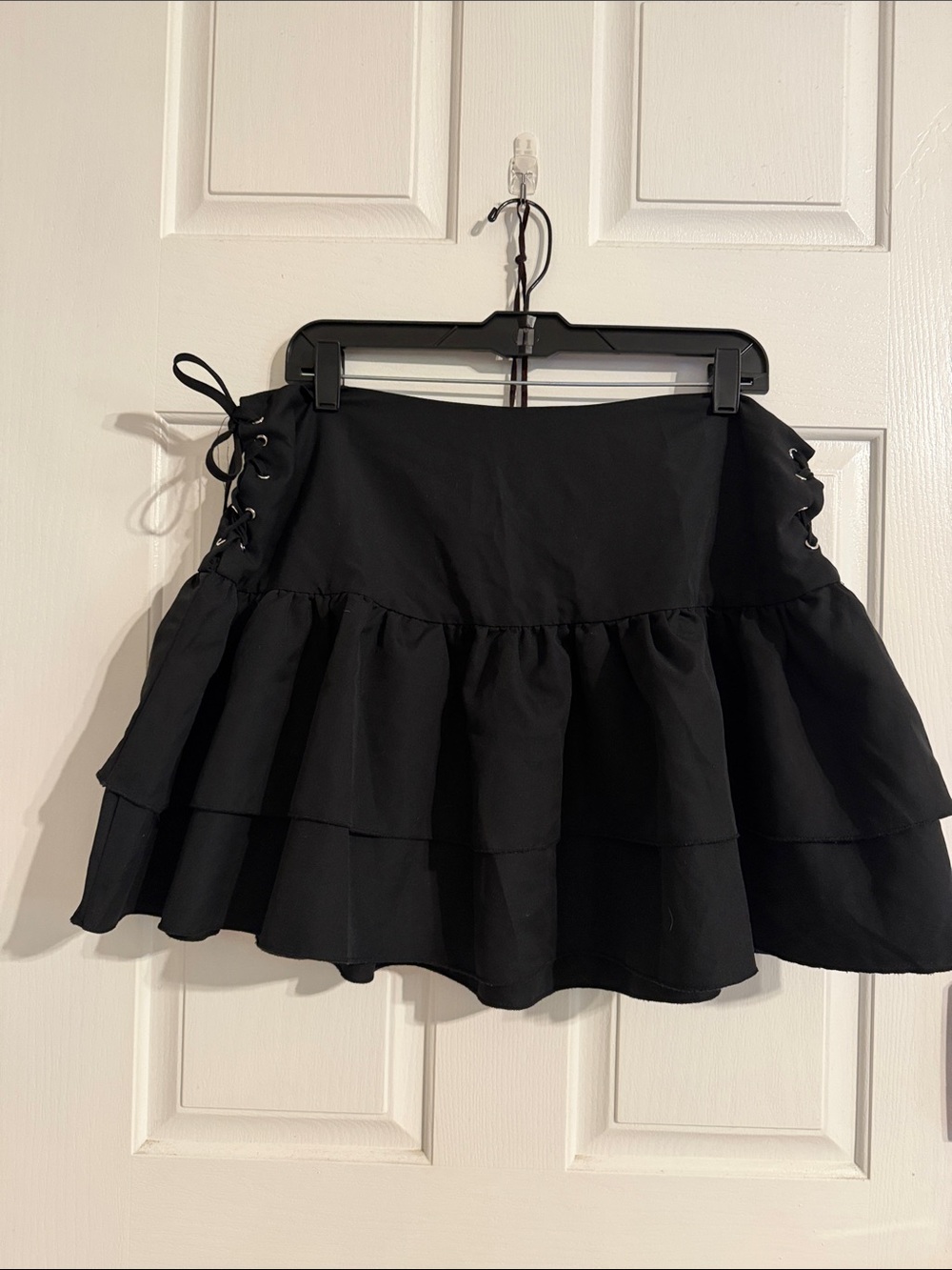 Lace-Up Tiered Black Mini Skirt